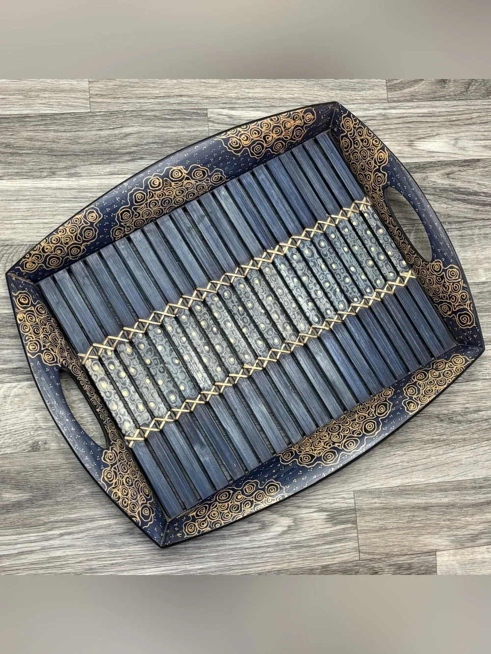 Ten Thousand Villages Blue Bamboo Batik Serving Tray 16x14 Hand Painted Wood Boh